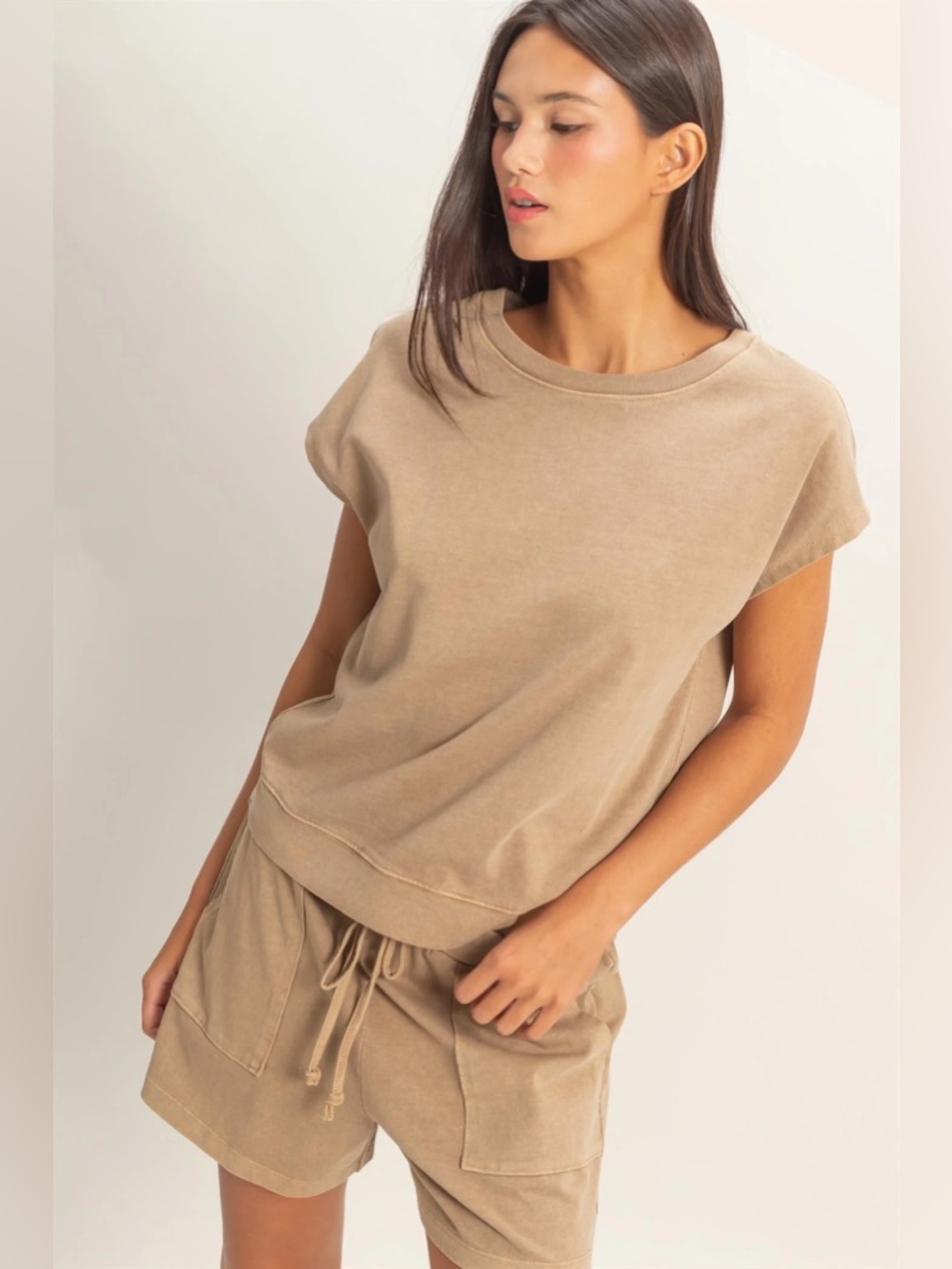 NEW Double Zero Mocha Cotton Lounge Set Sleeveless Crew Neck Shorts Set Large - Picture 5 of 7